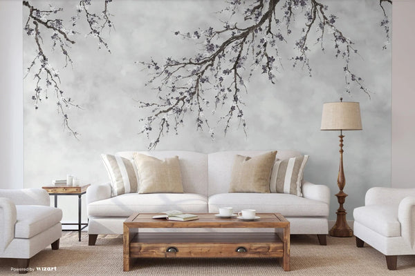 Large Blossom Tree Wallpaper, Gray Chinoiserie Nature Flowers Wall Mural, Custom Size Wall Covering, Non - Woven, Non - Pasted, Removable, Washable, Floral Art - Adawall Wallpaper - Registered Trade Accounts Only, Wallpaper Wholesale Account - FJ302-3 - Adawall Wholesale - Wallpaper Wholesaler