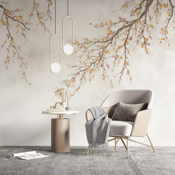 Large Blossom Tree Wallpaper, Yellow Chinoiserie Nature Flowers Wall Mural, Custom Size Wall Covering, Non - Woven, Non - Pasted, Removable, Washable, Floral Art - Adawall Wallpaper - Registered Trade Accounts Only, Wallpaper Wholesale Account - FJ302-1 - Adawall Wholesale - Wallpaper Wholesaler