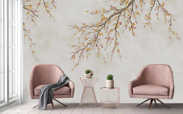 Large Blossom Tree Wallpaper, Yellow Chinoiserie Nature Flowers Wall Mural, Custom Size Wall Covering, Non - Woven, Non - Pasted, Removable, Washable, Floral Art - Adawall Wallpaper - Registered Trade Accounts Only, Wallpaper Wholesale Account - FJ302-1 - Adawall Wholesale - Wallpaper Wholesaler