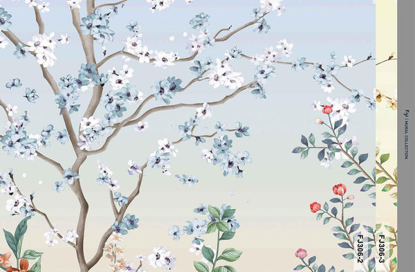 Large Chinoiserie Blossom Floral Wallpaper, Blue Ombre Flowers Birds Wall Mural, Custom Size Wall Covering, Non - Woven, Non - Pasted, Removable - Adawall Wallpaper - Registered Trade Accounts Only, Wallpaper Wholesale Account - FJ306-2 - Adawall Wholesale - Wallpaper Wholesaler