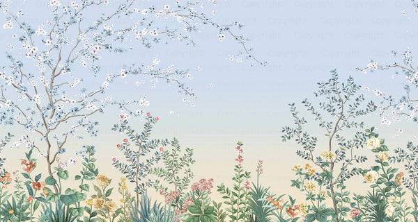 Large Chinoiserie Blossom Floral Wallpaper, Blue Ombre Flowers Birds Wall Mural, Custom Size Wall Covering, Non - Woven, Non - Pasted, Removable - Adawall Wallpaper - Registered Trade Accounts Only, Wallpaper Wholesale Account - FJ306-2 - Adawall Wholesale - Wallpaper Wholesaler