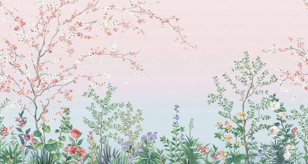 Large Chinoiserie Blossom Floral Wallpaper, Pink Ombre Flowers Birds Wall Mural, Custom Size Wall Covering, Non - Woven, Non - Pasted, Removable - Adawall Wallpaper - Registered Trade Accounts Only, Wallpaper Wholesale Account - FJ306-1 - Adawall Wholesale - Wallpaper Wholesaler