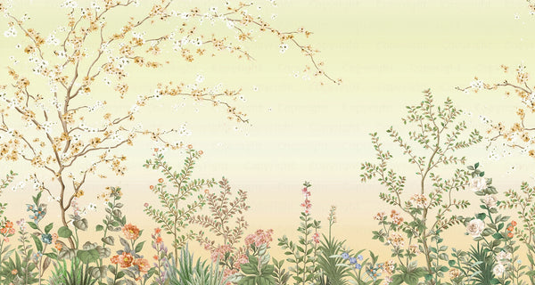 Large Chinoiserie Blossom Floral Wallpaper, Yellow Ombre Flowers Birds Wall Mural, Custom Size Wall Covering, Non-Woven, Non-Pasted, Removable - Walloro High End Wallcoverings & More