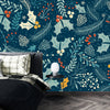 Leaves and Berries, Dark Blue Background Wallpaper, Seamless Pattern Mural, Oversized Custom Size Wall Art, Non - Woven, Non - Adhesive, Modern Wall Paper, Removable - Adawall Wallpaper - Registered Trade Accounts Only, Wallpaper Wholesale Account - W78034 - Adawall Wholesale - Wallpaper Wholesaler
