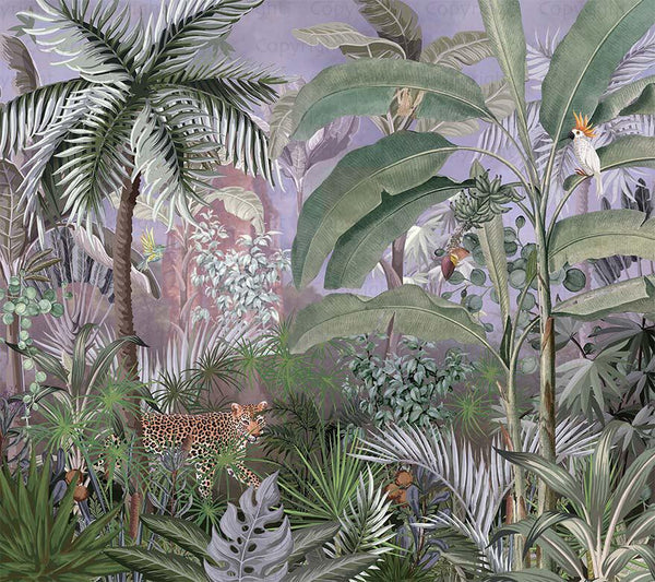 Leopard Jungle Wall Mural, Green Tropical Parrot Wall Mural, Kids Room, Nursery, Non - Pasted, Extra Large Wall Print, Removable, Forest, Palm Trees - Adawall Wallpaper - Registered Trade Accounts Only, Wallpaper Wholesale Account - A309-1 - Adawall Wholesale - Wallpaper Wholesaler