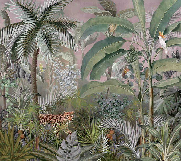 Leopard Jungle Wall Mural, Purple Tropical Parrot Wall Mural, Bedroom, Living Room, Non - Pasted, Extra Large Wall Print, Removable, Forest, Palm Trees - Adawall Wallpaper - Registered Trade Accounts Only, Wallpaper Wholesale Account - A309-2 - Adawall Wholesale - Wallpaper Wholesaler