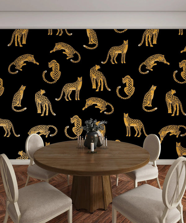 Leopards, Black Background Wallpaper, Seamless Pattern Mural, Oversized Custom Size Wall Art, Non - Woven, Non - Adhesive, Modern Wall Paper, Removable - Adawall Wallpaper - Registered Trade Accounts Only, Wallpaper Wholesale Account - W78043 - Adawall Wholesale - Wallpaper Wholesaler