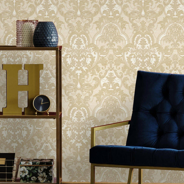Light Beige, Gold Luxury 3D Damask Wallpaper, Premium Sparkling Velvet Feeling Flocked Wallcovering - Walloro High End Wallcoverings & More