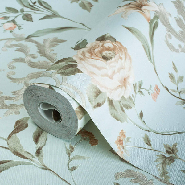 Light Blue Timeless Floral Embossed Rose Wallpaper, Flocked Vivid Color Rose Flowers Pattern - Adawall Wallpaper - Registered Trade Accounts Only, Wallpaper Wholesale Account - 7803-2 - Adawall Wholesale - Wallpaper Wholesaler