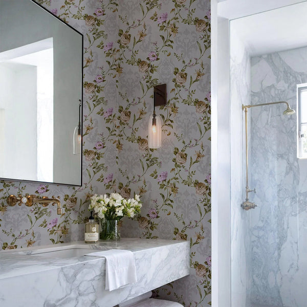 Light Purple Timeless Floral Embossed Rose Wallpaper, Flocked Vivid Color Rose Flowers Pattern - Walloro High End Wallcoverings & More