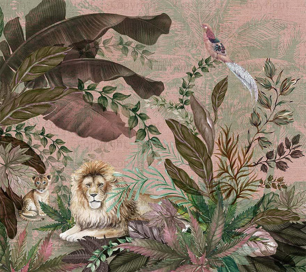 Lion Jungle Wall Mural, Purple Tropical Wall Mural, Interior Decor, Non - Pasted, Extra Large Wall Print, Removable, Forest Theme Wall Art - Adawall Wallpaper - Registered Trade Accounts Only, Wallpaper Wholesale Account - A310-1 - Adawall Wholesale - Wallpaper Wholesaler