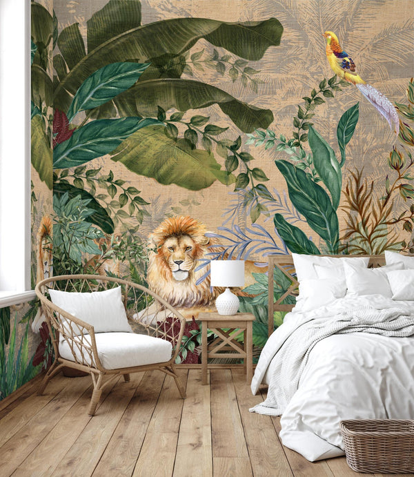 Lion Jungle Wall Mural, Yellow Tropical Wall Mural, Interior Decor, Non-Pasted, Extra Large Wall Print, Removable, Forest Theme Wall Art (Copy) - Walloro High End Wallcoverings & More