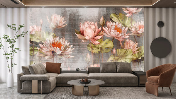 Delicate Water Lilies Wallpaper, Textured Background Mural, Oversized Custom Size Wall Art, Non-Woven, Non-Adhesive, Modern Wall Paper, Removable
