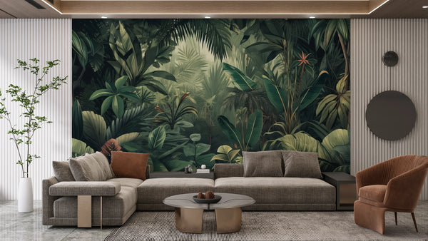Green Jungle Wallpaper, Tropical Leaves Wall Mural, Oversized Custom Size Wall Art, Non-Woven, Non-Adhesive, Modern Wall Paper, Removable