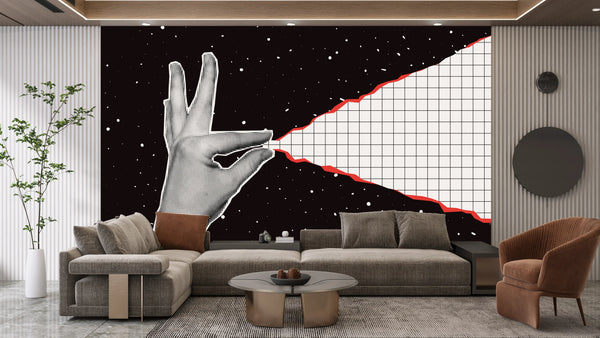 Hand Pulls a Sheet of Checkered Paper Wallpaper, Outer Space Background Mural, Oversized Custom Size Wall Art, Non-Woven, Non-Adhesive, Modern Wall Paper, Removable