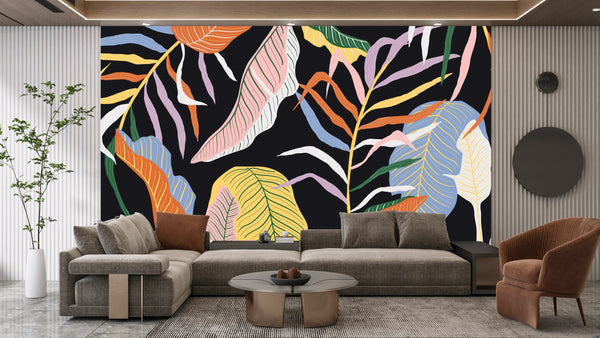 Colorful Leaves Wallpaper, Dark Background Mural, Oversized Custom Size Wall Art, Non-Woven, Non-Adhesive, Modern Wall Paper, Removable