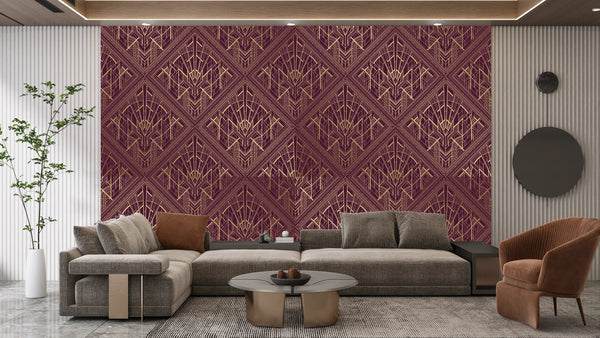 Gold Art Deco Wallpaper, Dark Red Background Mural, Oversized Custom Size Wall Art, Non-Woven, Non-Adhesive, Modern Wall Paper, Removable