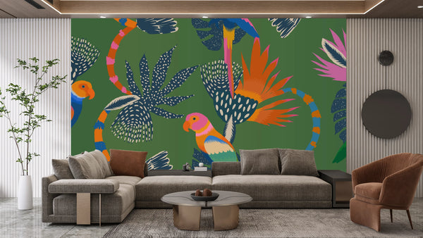 Exotic Abstract Wallpaper, Parrots Mural, Oversized Custom Size Wall Art, Non-Woven, Non-Adhesive, Modern Wall Paper, Removable