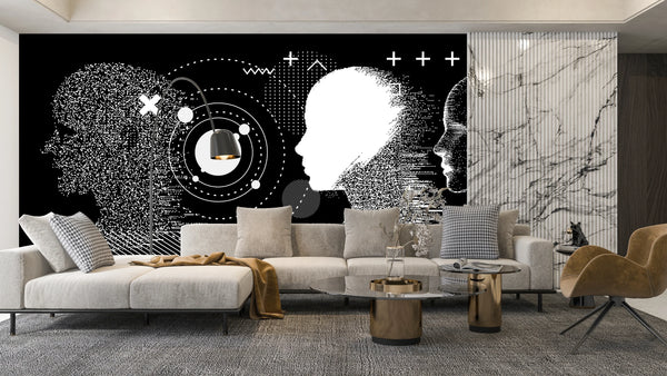 3D Human Heads Wallpaper, Cyberpunk Style Mural, Oversized Custom Size Wall Art, Non-Woven, Non-Adhesive, Modern Wall Paper, Removable