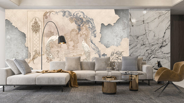 Baroque With Birds Wallpaper, Classic Style Mural, Oversized Custom Size Wall Art, Non-Woven, Non-Adhesive, Modern Wall Paper, Removable