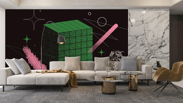 Green Cube Wallpaper, Abstract Geometric Shapes Mural, Oversized Custom Size Wall Art, Non-Woven, Non-Adhesive, Modern Wall Paper, Removable