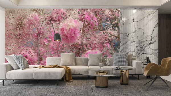 Pink Flowers Wallpaper, Through Glass, Water Drops Mural, Oversized Custom Size Wall Art, Non-Woven, Non-Adhesive, Modern Wall Paper, Removable