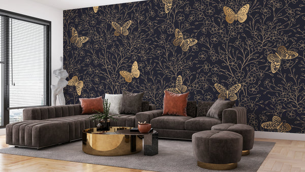 Gold Butterflies and Flowers Wallpaper, Black Background Mural, Oversized Custom Size Wall Art, Non-Woven, Non-Adhesive, Modern Wall Paper, Removable