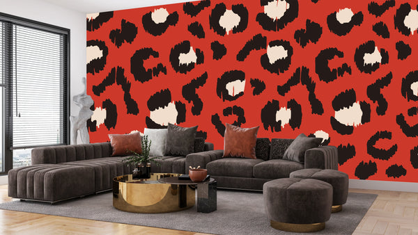 Red Leopard Skin Wallpaper, Seamless Pattern Mural, Oversized Custom Size Wall Art, Non-Woven, Non-Adhesive, Modern Wall Paper, Removable