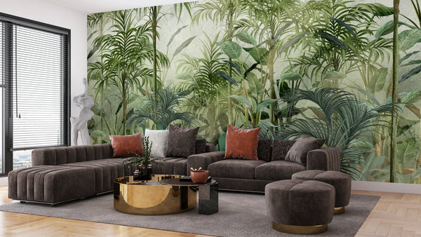 Green Trees Wallpaper, Tropical Wall Mural, Oversized Custom Size Wall Art, Non-Woven, Non-Adhesive, Modern Wall Paper, Removable