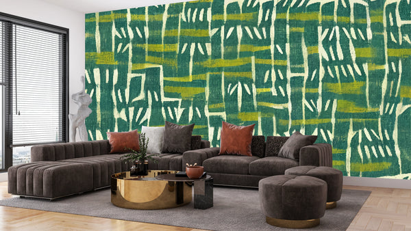 Ethnic Ikat Greenish Wallpaper, Handmade Boho Tribal Mural, Oversized Custom Size Wall Art, Non-Woven, Non-Adhesive, Modern Wall Paper, Removable