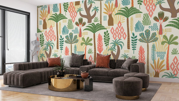 Ethnic Tropical Wallpaper, Seamless Pattern Mural, Oversized Custom Size Wall Art, Non-Woven, Non-Adhesive, Modern Wall Paper, Removable