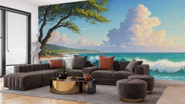 Beautiful Sea Waves and Tree Wallpaper, Oil Painting Mural, Oversized Custom Size Wall Art, Non-Woven, Non-Adhesive, Modern Wall Paper, Removable