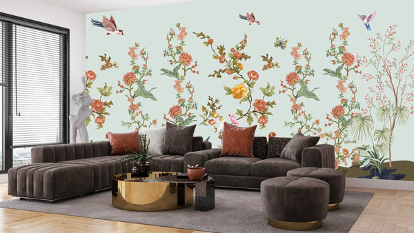 Branches Wallpaper, Flowers Mural, Oversized Custom Size Wall Art, Non-Woven, Non-Adhesive, Modern Wall Paper, Removable