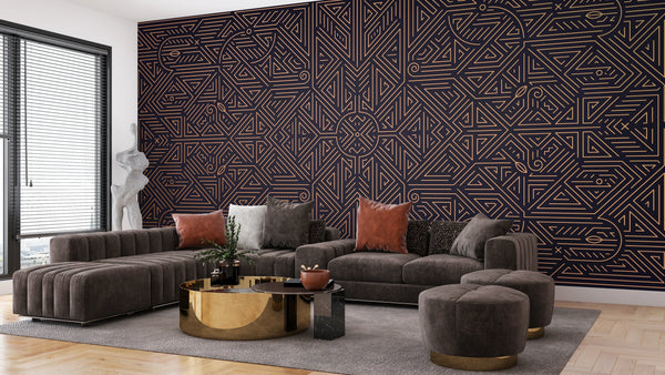 Art Deco Wallpaper, Geometric Golden Mural, Oversized Custom Size Wall Art, Non-Woven, Non-Adhesive, Modern Wall Paper, Removable