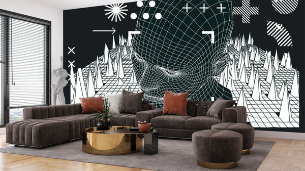 3D Human Head Wallpaper, Retro Futuristic Mural, Oversized Custom Size Wall Art, Non-Woven, Non-Adhesive, Modern Wall Paper, Removable