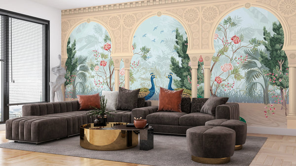 Traditional Mughal Garden Wallpaper, Peacock, Arch Mural, Oversized Custom Size Wall Art, Non-Woven, Non-Adhesive, Modern Wall Paper, Removable