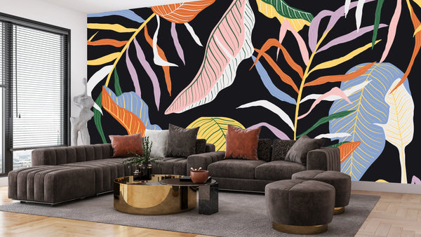 Colorful Leaves Wallpaper, Dark Background Mural, Oversized Custom Size Wall Art, Non-Woven, Non-Adhesive, Modern Wall Paper, Removable
