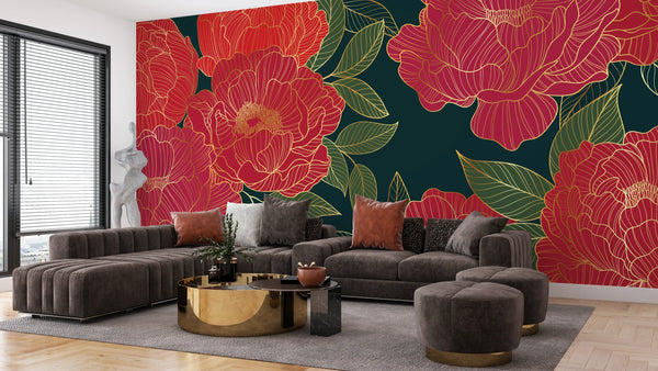 Red Peonies Wallpaper, Luxurious Gold Mural, Oversized Custom Size Wall Art, Non-Woven, Non-Adhesive, Modern Wall Paper, Removable