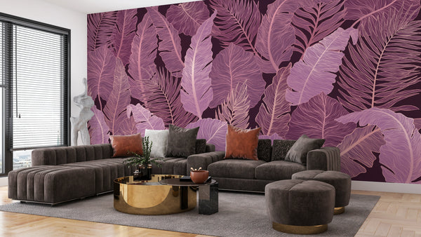 Exotic Golden and Pink Leaves Wallpaper, Seamless Pattern Mural, Oversized Custom Size Wall Art, Non-Woven, Non-Adhesive, Modern Wall Paper, Removable
