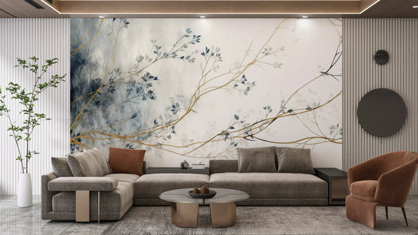 Blue Floral Wallpaper, White Background Mural, Oversized Custom Size Wall Art, Non-Woven, Non-Adhesive, Modern Wall Paper, Removable