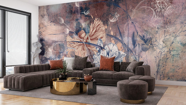 Flowers Wallpaper, Fresco Mural, Oversized Custom Size Wall Art, Non-Woven, Non-Adhesive, Modern Wall Paper, Removable