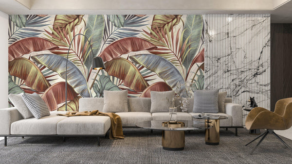 Brown and Green Leaves Wallpaper, Natural Wall Mural, Oversized Custom Size Wall Art, Non-Woven, Non-Adhesive, Modern Wall Paper, Removable