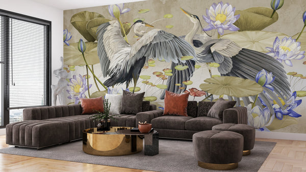 Birds Wallpaper, Lotus Mural, Oversized Custom Size Wall Art, Non-Woven, Non-Adhesive, Modern Wall Paper, Removable