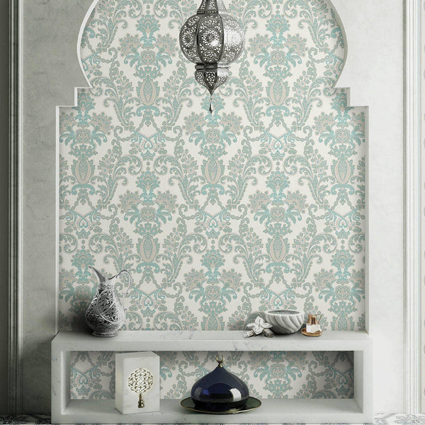 Luxury Deep Embossed Aqua Damask Wallpaper, Beach House Shiny 3D Blue Textured Wallcovering, 114 sq ft Roll, Coastal Turquoise Wallpaper - Adawall Wallpaper - Registered Trade Accounts Only, Wallpaper Wholesale Account - 6804-4 - Adawall Wholesale - Wallpaper Wholesaler