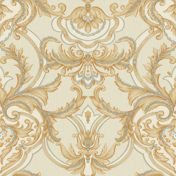 Luxury Deep Embossed Damask Wallpaper, Gold, Off White, Home & Commercial Use Decorative Wallcovering, Washable, Sturdy - Walloro High End Wallcoverings & More