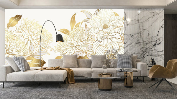 Luxury Gold Floral Wallpaper, White Background Mural, Oversized Custom Size Wall Art, Non - Woven, Non - Adhesive, Modern Wall Paper, Removable - Adawall Wallpaper - Registered Trade Accounts Only, Wallpaper Wholesale Account - W77902 - Adawall Wholesale - Wallpaper Wholesaler