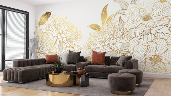 Luxury Gold Floral Wallpaper, White Background Mural, Oversized Custom Size Wall Art, Non - Woven, Non - Adhesive, Modern Wall Paper, Removable - Adawall Wallpaper - Registered Trade Accounts Only, Wallpaper Wholesale Account - W77902 - Adawall Wholesale - Wallpaper Wholesaler