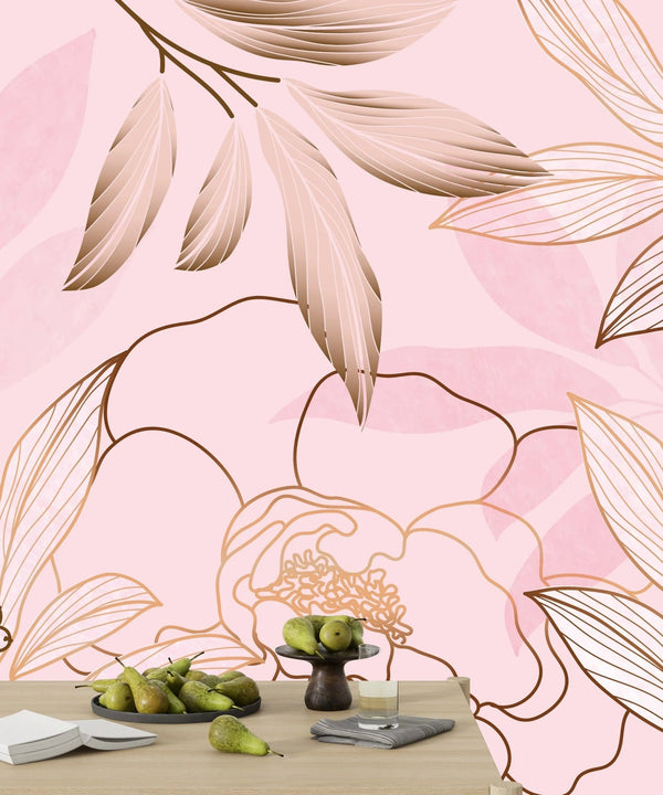 Luxury Golden, Pink Wallpaper, Tropical Flower Mural, Oversized Custom Size Wall Art, Non - Woven, Non - Adhesive, Modern Wall Paper, Removable - Adawall Wallpaper - Registered Trade Accounts Only, Wallpaper Wholesale Account - W77938 - Adawall Wholesale - Wallpaper Wholesaler