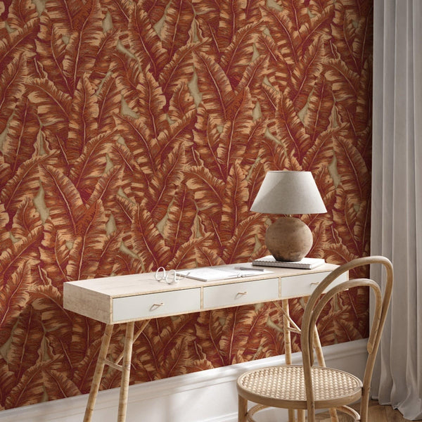 Luxury Leaf Pattern Wallpaper, Orange, Red Embossed Botanical Tropical Exotic Wallcovering, Plants Tropical Design - Adawall Wallpaper - Registered Trade Accounts Only, Wallpaper Wholesale Account - 1507-4 - Adawall Wholesale - Wallpaper Wholesaler