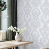 Luxury Sparkling Deep Embossed Damask Wallpaper, White, Silver Beautiful Flocked Shimmering Rich Textured Wallcovering - Adawall Wallpaper - Registered Trade Accounts Only, Wallpaper Wholesale Account - 1303-1 - Adawall Wholesale - Wallpaper Wholesaler